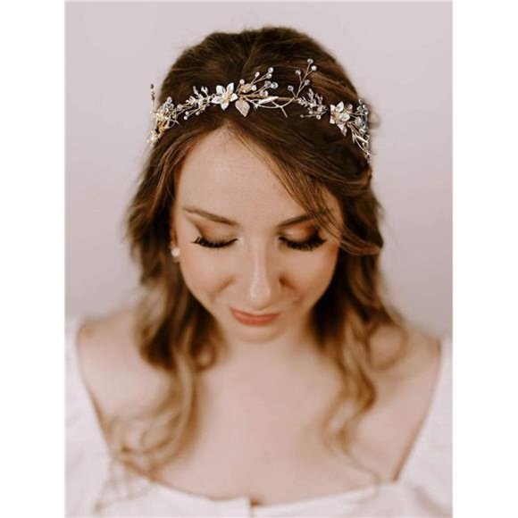SWEETV Gold Wedding Headband Flower-Leaf Bridal Headpieces for Hair Accessories